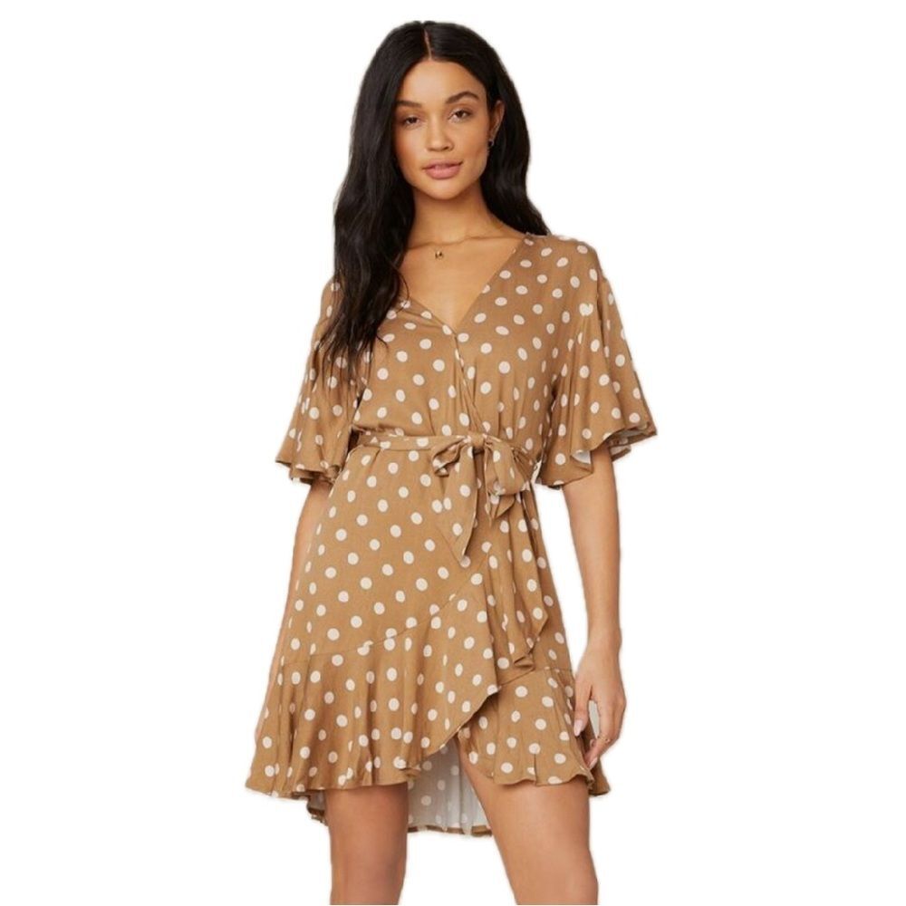 BB Dakota Butterscotch Bae Ruffle Belted Wrap Polka Dot Mini Dress Size 6